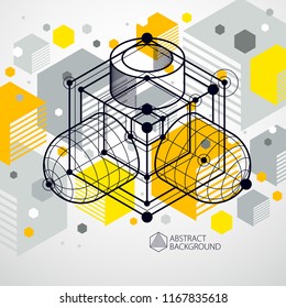 Vector of modern abstract cubic lattice lines yellow background. Layout of cubes, hexagons, squares, rectangles and different abstract elements. Abstract technical 3D background.
