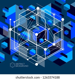 Vector of modern abstract cubic lattice lines blue black background. Layout of cubes, hexagons, squares, rectangles and different abstract elements. Abstract technical 3D background.