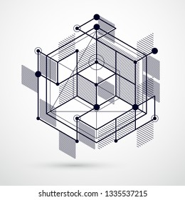 Vector of modern abstract cubic lattice lines black and white background. Layout of cubes, hexagons, squares, rectangles and different abstract elements. Abstract technical 3D background.