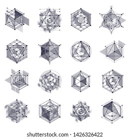 Vector of modern abstract cubic lattice lines black and white backgrounds set. Layout of cubes, hexagons, squares, rectangles and different abstract elements. Abstract technical 3D background.