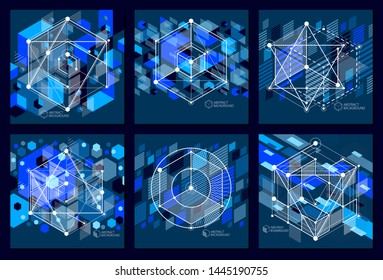Vector of modern abstract cubic lattice lines blue black backgrounds set. Layout of cubes, hexagons, squares, rectangles and different abstract elements. Abstract technical 3D background.
