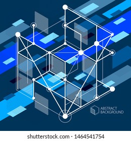 Vector de líneas cúbicas de celosía cúbicas modernas de fondo negro azul. Diseño de cubos, hexágonos, cuadrados, rectángulos y diferentes Elementos abstractos. Abstractas fondo técnico 3D.