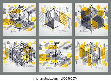 Vector of modern abstract cubic lattice lines yellow backgrounds set. Layout of cubes, hexagons, squares, rectangles and different abstract elements. Abstract technical 3D background.
