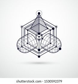 Vector of modern abstract cubic lattice lines black and white background. Layout of cubes, hexagons, squares, rectangles and different abstract elements. Abstract technical 3D background.