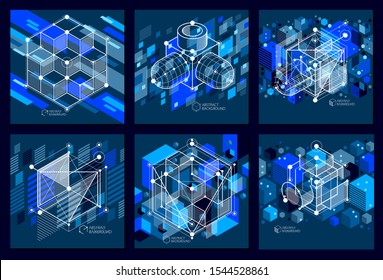 Vector of modern abstract cubic lattice lines blue black backgrounds set. Layout of cubes, hexagons, squares, rectangles and different abstract elements. Abstract technical 3D background.
