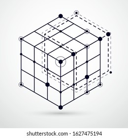 Vector of modern abstract cubic lattice lines black and white background. Layout of cubes, hexagons, squares, rectangles and different abstract elements. Abstract technical 3D background.