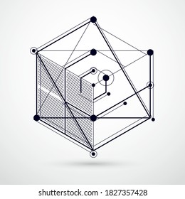 Vector of modern abstract cubic lattice lines black and white background. Layout of cubes, hexagons, squares, rectangles and different abstract elements. Abstract technical 3D background.