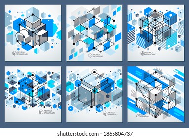 Vector of modern abstract cubic lattice lines blue backgrounds set. Layout of cubes, hexagons, squares, rectangles and different abstract elements. Abstract technical 3D background.