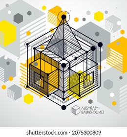 Vector of modern abstract cubic lattice lines yellow background. Layout of cubes, hexagons, squares, rectangles and different abstract elements. Abstract technical 3D background.