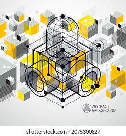 Vector of modern abstract cubic lattice lines yellow background. Layout of cubes, hexagons, squares, rectangles and different abstract elements. Abstract technical 3D background.