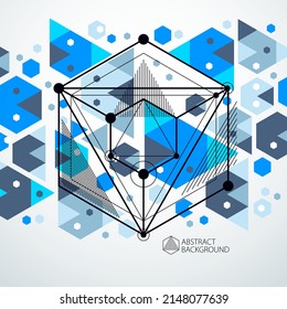 Vector of modern abstract cubic lattice lines blue background. Layout of cubes, hexagons, squares, rectangles and different abstract elements. Abstract technical 3D background.