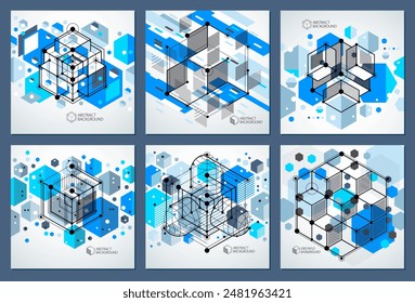 Vector of modern abstract cubic lattice lines blue backgrounds set. Layout of cubes, hexagons, squares, rectangles and different abstract elements. Abstract technical 3D background.