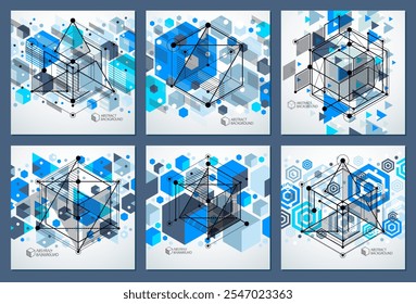 Vector de líneas cúbicas de celosía cúbicas abstractas modernas con fondos azules. Diseño de cubos, hexágonos, cuadrados, rectángulos y diferentes Elementos abstractos. Abstractas fondo técnico 3D.