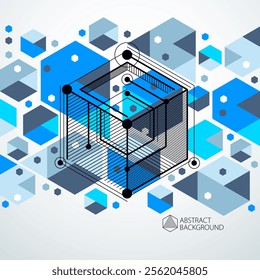Vector of modern abstract cubic lattice lines blue background. Layout of cubes, hexagons, squares, rectangles and different abstract elements. Abstract technical 3D background.