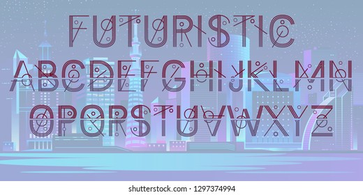 Vector of modern abstract font and alphabet. Futuristic city on background.