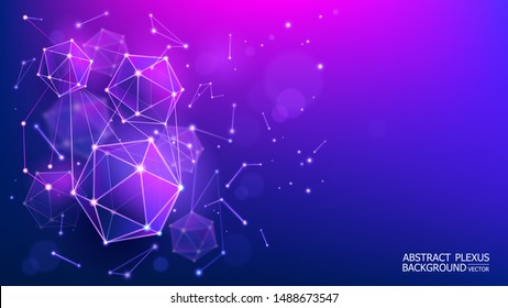 Vector. Modern abstract futuristic blue background. Complex geometric shapes. 3d hexagons. Blur effect. Microbiology and medicine. The genetic structure of an atom. Template for design projects.