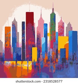 Vector Modern Abstract Geometric Illustration Painting Town Skyline Multiple Colors Expressive Cubism