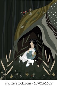 Vector, Modern abstract illustration for a fairy tale. Beautiful girl with black hair hugs a swan. Scandinavian Folklore. Fabulous landscape.