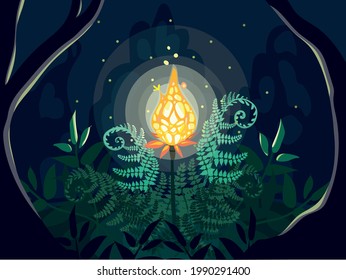 Vector modern abstract illustration for a fairy tale. Folklore. A fiery fern flower on the magical night of the holiday of Ivan Kupala. A fabulous landscape.