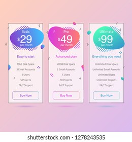 Vector Modern Abstract Liquid Pricing Tables for Web. Flat flowi
