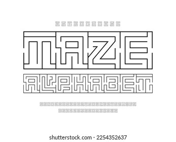 Vector of modern abstract maze style alphabet design with uppercase, numbers and symbols