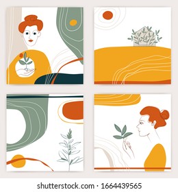 Diseño biológico abstracto moderno con formas orgánicas de mujer y naturaleza en colores cálidos amarillos y anaranjados. Portada del libro, invitación a la boda, diseño de carteles y tarjetas