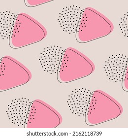 Vector modern abstract pattern with pink spots in the form of triangles and dots. On a beige background. For textiles, wallpaper, print on clothes, gift paper.