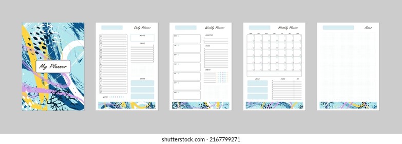 Vector modern abstract planner template with cover. Daily, weekly, monthly page set. Printable business organizer, calendar, weekly schedule, to do list, habit tracker, bujo. Summer colorful design