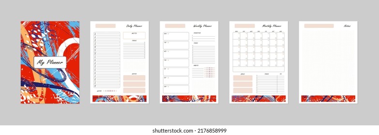 Vector modern abstract planner template with cover. Daily, weekly, monthly page set. Printable business organizer, calendar, weekly schedule, to do list, habit tracker, bujo. Red colorful design