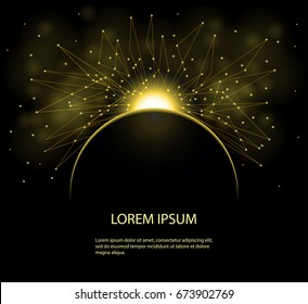 Vector of modern abstract polygonal background. Dark abstract background with a solar eclipse. Black open space with a star shining from behind a planet, igniting its horizont