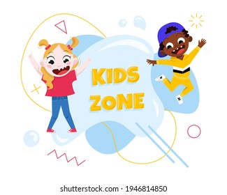 Vector modern abstract template in memphis style with kids characters and "kids zone" text.