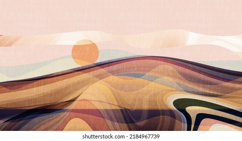 Vector Modern Abstract Wave Line, Dynamic Shape And Texture. Minimal Design Nature, Landscape With Mountain, Hill, Blue Sky, Sun. Illustration For Wall Art, Banner, Wallpaper Background, Poster