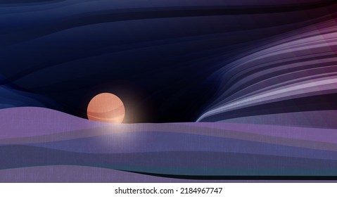 Vector modern abstract wave line, dynamic shape and texture. Minimal design nature, landscape with mountain, hill, moon, dark blue sky. Illustration for wall art,  banner template,wallpaper background
