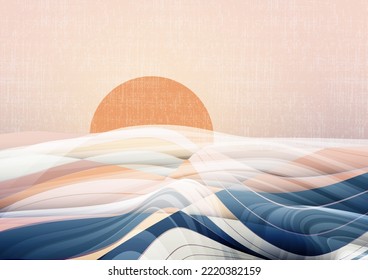 Vector modern abstract wave line, dynamic shape and texture. Minimal design nature, landscape with mountain, hill, blue sky, sun. Illustration for wall art, banner, wallpaper background, poster