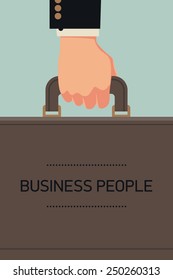 Vector modern abstract web banner template on business and commerce people featuring hand holding briefcase shaped text container, sample title text included  