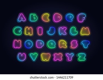 Vector modern acid neon fluid font. Alphabet. Bright blue, green, pink, purple gradient glowing letters with fluid shapes isolated on black background. Design element for decoration, web, advertisment