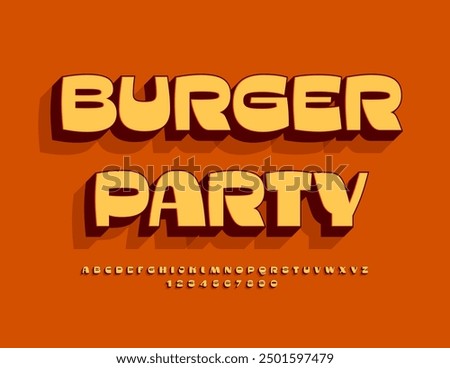 Vector modern advertisement Burger Party. Stylish Bright Font. Artistic 3D Alphabet Letters and Numbers set.