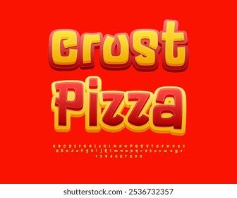 Vector modern advertisement Crust Pizza. Bright Playful Font. Funny Creative Alphabet Letters and Numbers set.