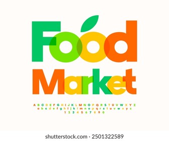 Vector modern advertisement Fruits Market. Creative Colorful Font. Bright Cool Alphabet Letters and Numbers set.