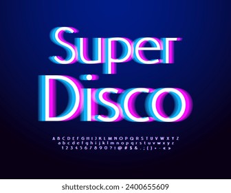 Vector modern advertisement Super Disco. Techno neon Font. Digital Alphabet Letters and Numbers set.