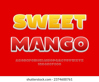 Vector modern advertisement Sweet Mango. Artistic Red Font. Bright Alphabet Letters and Numbers set