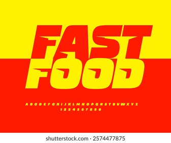 Vector Modern Advertising Fast Food. Unique Yellow  Alphabet Letters and Numbers set. Typography Abstract Bold Font.