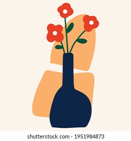 Composición estética vectorial moderna con una planta en un jarrón sobre un fondo abstracto. Diseño bohemio creativo y minimalista para impresión, afiche, fondo.