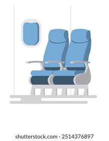 Vector modern airplane cabin interior design. Comfortable premium or economy class passenger seat row. Plane inside. Open porthole window. Aircraft service.