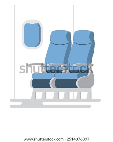Vector modern airplane cabin interior design. Comfortable premium or economy class passenger seat row. Plane inside. Open porthole window. Aircraft service.