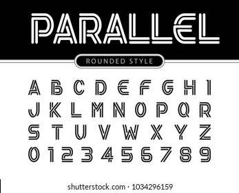 Vector of Modern Alphabet Letters and numbers, Parallel lines stylized rounded fonts, Double line for each letter, Minimal Letters set for Futuristic, Bold Font Trendy Style English