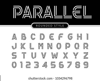 Vector of Modern Alphabet Letters and numbers, Parallel lines stylized rounded fonts, Double line for each letter, Minimal Letters set for Futuristic, Normal Font Trendy Style English
