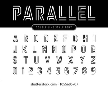 Vector of Modern Alphabet Letters and numbers, Parallel lines stylized rounded fonts, Double line for each letter, Minimal Letters set for Futuristic, Thin Condensed Letters set for sci-fi, military. 