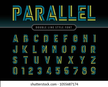 Vector of Modern Alphabet Letters and numbers, Parallel lines stylized fonts, Double line for each letter, Minimal Letters set for Futuristic, Condensed Bold Color Letters set for sci-fi, military.