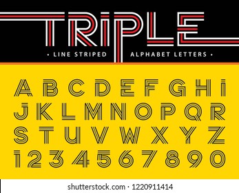 Vector of Modern Alphabet Letters and numbers, Triple Line Stripes Font, Parallel stylized, Three Lines for each letter, Minimal Letters set for Fashion, Futuristic, Technology, Party, Gift Ribbon